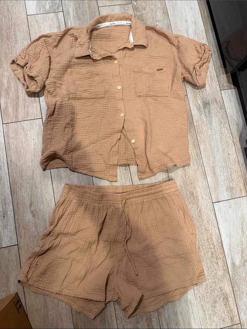 Nicole Miller Two-Piece Gauze Shirt & Shorts Set in Camel Tan